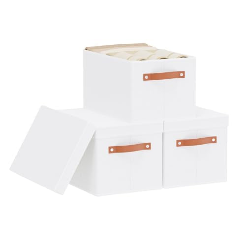 Fabric Storage Bins with Lids, 15 x 9.8 x 8.3 Inch Storage Boxes for Shelves Wardrobe Bedroom, Closet Organizers with Handles, White, 3-Pack - color: White, size: Medium（3 Pack）