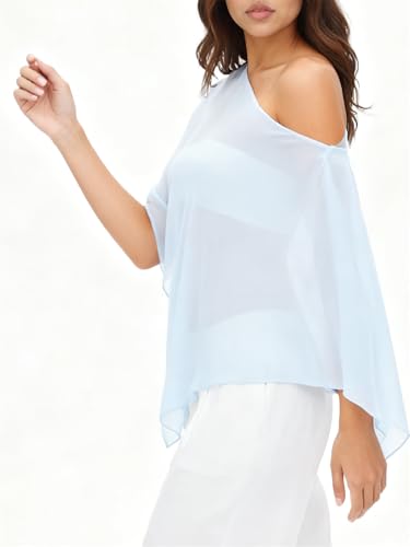 Women Chiffon Cape Shawls and Warps for Evening Dress Wedding Sheer Mesh Flowy Capelets Top - color: Baby Blue, size: Medium