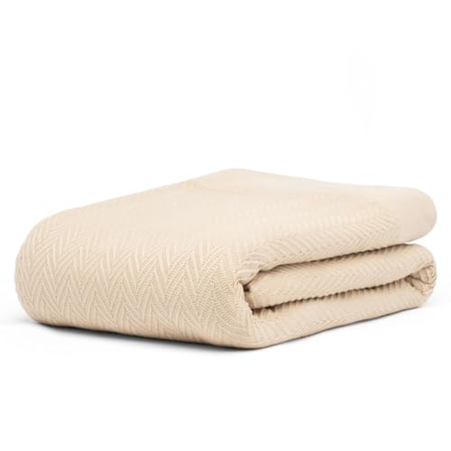Queen Size Multipurpose Blanket, 100% Extra Long Staple Cotton, Soft & Breathable Herringbone Weave, Beige, Lightweight, Machine Washable, All-Season Throw Blanket for Bedroom & Travel - color: Herringbone -Beige, size: Queen (U.S. Standard)