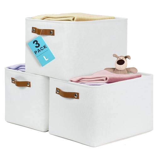 OrganiHaus 15x11in Canvas Storage Baskets 3 Pack | LARGE Fabric Bins for Shelves | Closet & Bedroom Storage | Full Off-White - color: Full Off-White, size: Large - 3pc