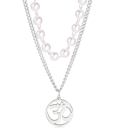 UNIFT Necklace For Women- Aum Om Ohm Sanskrit Symbol Round Pendant Beaded Double Layer Chain Charm Necklace,Hinduism Yoga Sanskrit Personalized Amulet Dainty Pendant Necklace Jewelry - color: pearl chain - silver