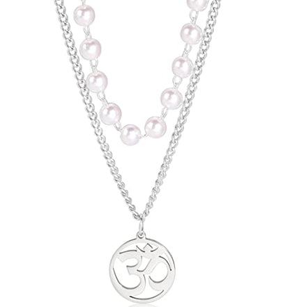 UNIFT Necklace For Women- Aum Om Ohm Sanskrit Symbol Round Pendant Beaded Double Layer Chain Charm Necklace,Hinduism Yoga Sanskrit Personalized Amulet Dainty Pendant Necklace Jewelry - color: pearl chain - silver