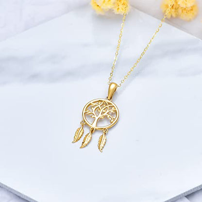 14K Gold Dream Catcher Necklace for Women, Dainty Tree of Life Necklace Birthday Gifts for Girlfriend Wife Mom Her 16+1+1 inch - color: Dream Catcher