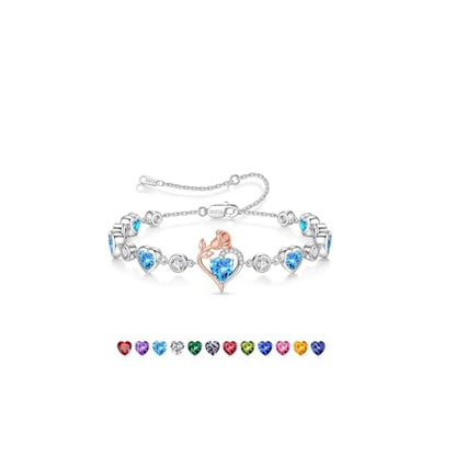 Birthstone Bracelets for Women - 925 Sterling Silver Rose Heart Charm Bracelets, Anniversary Birthday Gifts for Women Wife Mom Girlfriend Daughter, 6"+2" - color: 03-March-Aquamarine Light Blue