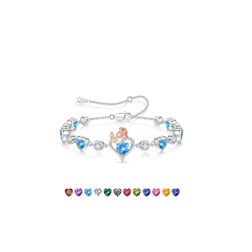 Birthstone Bracelets for Women - 925 Sterling Silver Rose Heart Charm Bracelets, Anniversary Birthday Gifts for Women Wife Mom Girlfriend Daughter, 6"+2" - color: 03-March-Aquamarine Light Blue