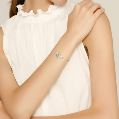 925 Sterling Silver Moon and Sun Star Adjustable Link Bracelet for Women with 12 Month Birthstone Birthday Jewelry - style: 10 - Oct.