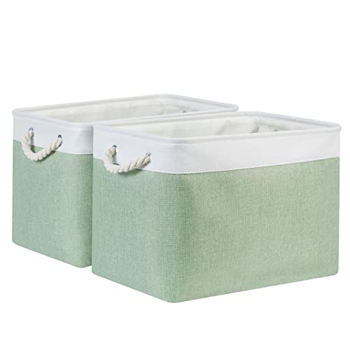 Bidtakay Baskets Fabric Closet Organizer Set of 2 Green Collapsible Storage Bins with Handles 16x12x12 in Large Decorative Tall Baskets for Shelves Nursery Baby Toys Storage Living Room Decor - color: White&Green, size: 2 Pack-L-16x11.8x11.8 In