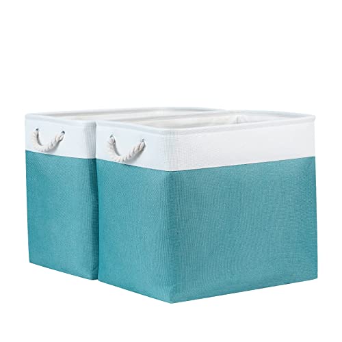 Bidtakay Storage Baskets Extra Large 17x12x15 In Teal Blue Nursery Toy Baskets Fabric Long Shelf Baskets for Organizing Set of 2 Linen Closet Bins for Shelves Decorative Blanket Basket Living Room - color: White&Teal, size: 2 Pack-XL-17x12x15 In