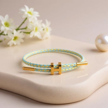 OSIRIDEH2 Bracelet with Adjustable Design Polished H Shape Buckle, Bracelets for Women, 18k Gold-plated Buckle Design Titanium Steel Wire Rope Women's Gift Jewelry - color: Yellow+light blue