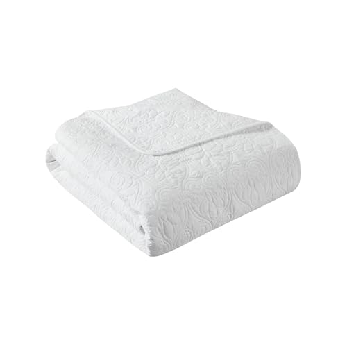 Madison Park Throw Blanket - Reversible Damask Quilting Design, Soft Pre-washed Microfiber, Cotton Filled Spread, Cozy Summer Blanket - Throw for Living Room Couch, Sofa, Bed, Quebec, 60x70", White - color: White, size: 60"x70"