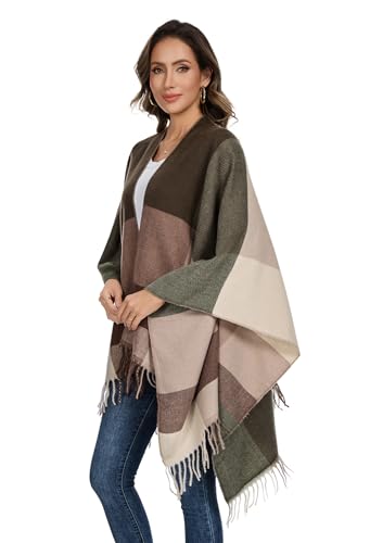 Shawl Wraps for Women, Elegant Knitted Cape Open Front Poncho Scarf Blanket Cardigan Coat for Spring, Autumn, and Winter - color: Green Beige