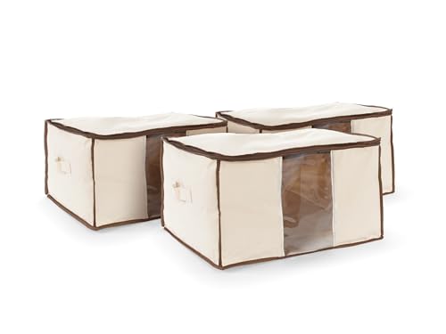 Covermates Canvas Storage Bag for Blankets, Clothes & Décor, 100% Cotton Breathable Fabric, Clear ID Window, Dual Zipper Closure, Carry Handles, Closet Organization, Natural - size: 25.5W x 19.25D x 12.5H - 3 PIECE SET