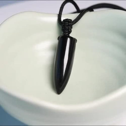 Black Obsidian Necklace Protection Pendant with Extended Bead Chain Healing Crystal Stone Amulet Necklace for Men Women - color: Bullet