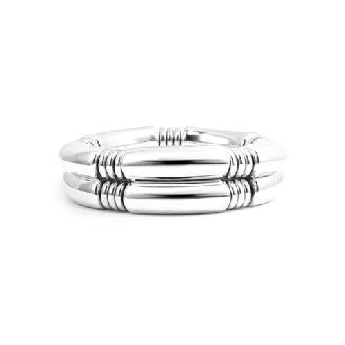 Gold Chunky Bangles Bracelets For Women 14k Gold Plated Stack Layered Curved Bamboo Tube Stretch Bracelets Gift Jewelry - color: 2pcs Silver