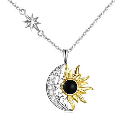 Sun and Moon Necklace for Women 925 Sterling Silver Celtic Crescent Moon Pendant Blue Opal/White Opal/Abelone Shell/Labradorite/Moonstone Jewelry Gift for Teen Girls - color: black agate