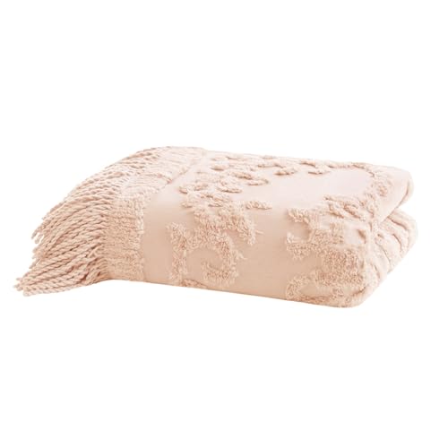 Madison Park 100% Cotton Tufted Chenille Design With Fringe Tassel Luxury Elegant Chic Lightweight, Breathable Cover, Luxe Cottage Room Décor Summer Blanket, 50" x 60", Blush - color: Blush