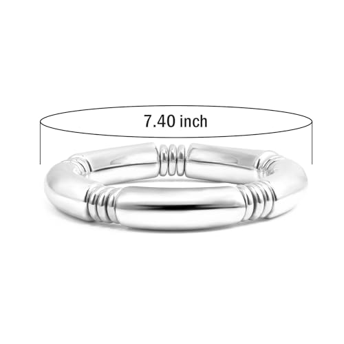 Gold Chunky Bangles Bracelets For Women 14k Gold Plated Stack Layered Curved Bamboo Tube Stretch Bracelets Gift Jewelry - color: 1pcs Silver