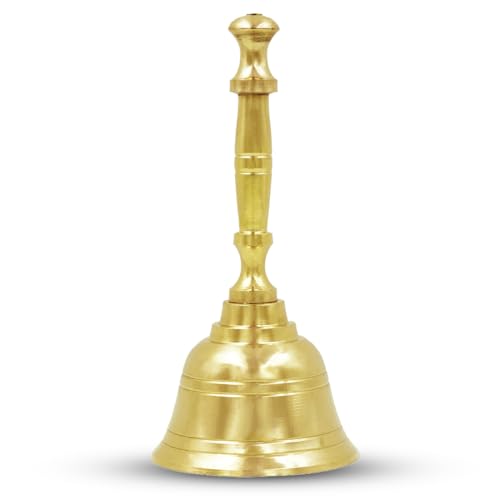 Shubhkart Solid Brass Ghanti for Pooja | 3.7" Puja Bell for Temple | Hand Held Bell for Events Decoration, Food Line, Alarm, Jingles, Ringing and Service Bell (Medium)