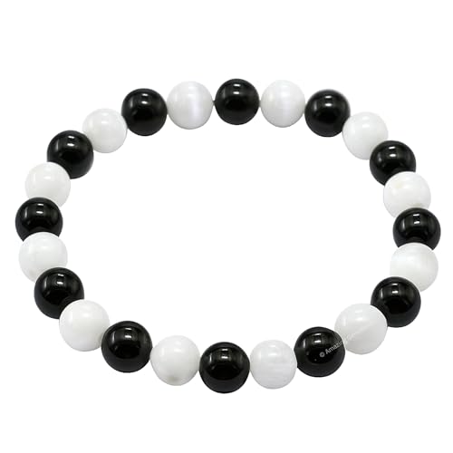 Amazing Gemstone Crystal Bracelet for Women Men's Gifts - Protection Healing Crystal Bracelet - 8mm Gemstone Beaded Stretchable Bracelet Pulseras Para Hombres Mujer Stocking Stuffers Mothers Day Gift (Black Tourmaline Selenite) - color: Black Tourmaline S