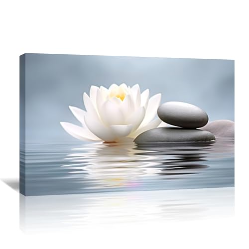 LYUNSHUO Zen Wall Art,White Lotus Canvas Print Wall Decor Spa Massage Stones Picture Relax Calm Modern Meditation Painting Artwork for Yoga Spiritual Room Office Home Decor Framed(Art-4,12.00"x18.00") - color: Q - Blue, size: 18"L x 12"W