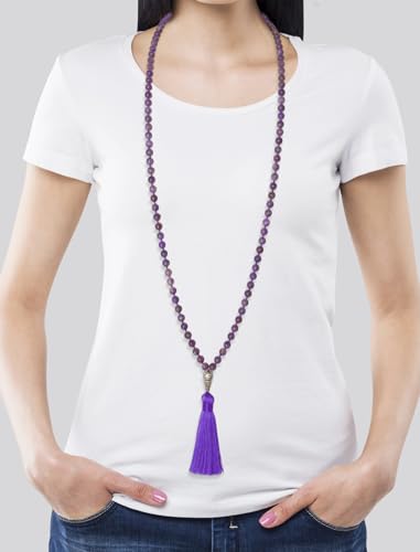 Mala Beads 108 Handmade Necklace,Natural Indian Agate Turquoise Amethyst with Alloy Guru Bead and Tassel,43.2 Inches for Prayer,Meditation,Yoga - color: Amethyst