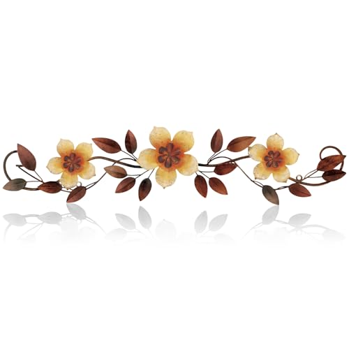 Wesiti Metal Flower Wall Decor Vintage Metal Flower Wrought Iron Scroll Sculpture 15.7''x3.7'' Not 3D, Flat Farmhouse Leaf Wall Decor with Nails for Summer Bedroom Kitchen Indoor Outdoor(Yellow) - color: Yellow