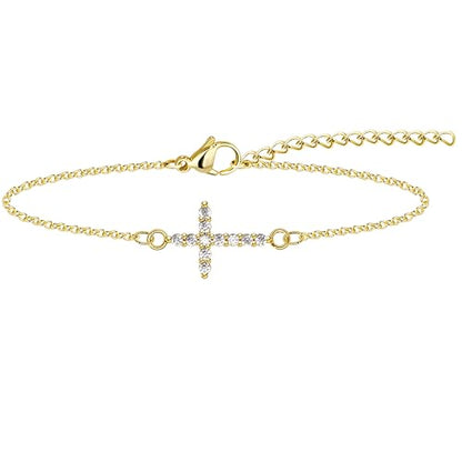 3mm Diamond Classic Tennis Bracelet for Women Dainty, Gold Jesus Cross Bracelets Trendy, 14K Gold Plated Heart/Evil Eye/Pearl/Starfish & Seashell Charm Bracelets for Women Bulk - style: CZ Cross-Gold
