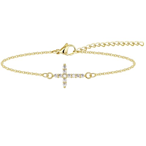 3mm Diamond Classic Tennis Bracelet for Women Dainty, Gold Jesus Cross Bracelets Trendy, 14K Gold Plated Heart/Evil Eye/Pearl/Starfish & Seashell Charm Bracelets for Women Bulk - style: CZ Cross-Gold
