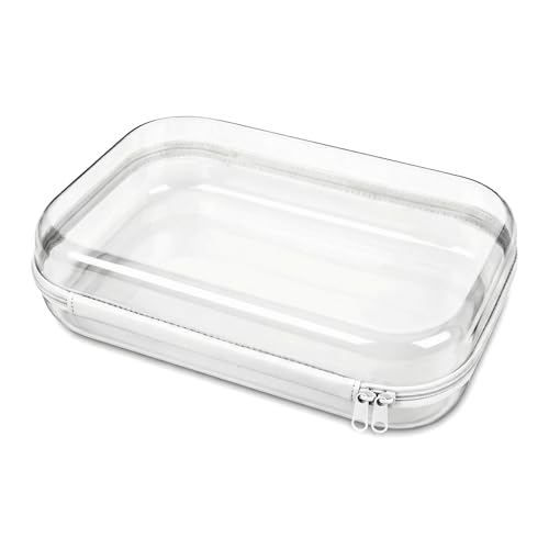 Clear Hard Shell Travel Case with Zipper, Portable Plastic Organizing Pouch, Black Trim, Transparent Storage Container (White) - color: White