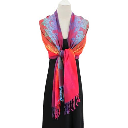 Rave Pashmina Scarf, Fashion Colorful Shawls and Wraps Soft Festival Scarves - color: C-jujube Red (Flower Pattern)
