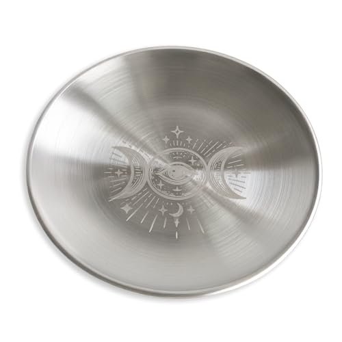 Altar Tray - Stainless Steel Metal 5.5" Round Dish for Prayer Astrology Tarot Offering Plate Rituals Ceremonies & Decor (Triple Moon Silver) - color: Triple Moon Silver