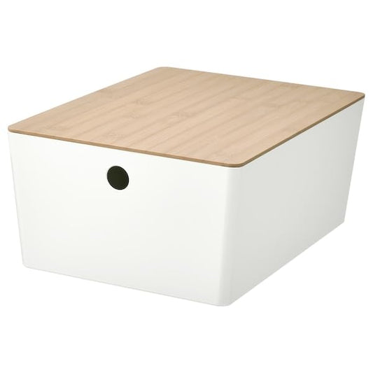White Storage Box with Bamboo Lid – 10¼ x 13¾ x 6” – Stackable Organizer for Home, Office, or Closet