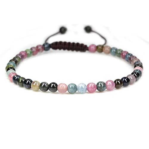 Keleny Natural Gemtones 4mm Round Beads Crystal Adjustable Braided Macrame Tassels Bracelets Unisex - color: Multicolor Tourmaline