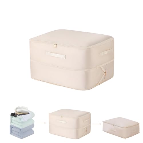 Ultra Space Saving Self Compression Organizer, Large Capacity Storage Bag, Thick Satin Fabric Heavy Duty Bags for Comforters Blankets Bedding Duvet (Beige, Large, 21x17x12in) - color: Beige, Large, 1PC