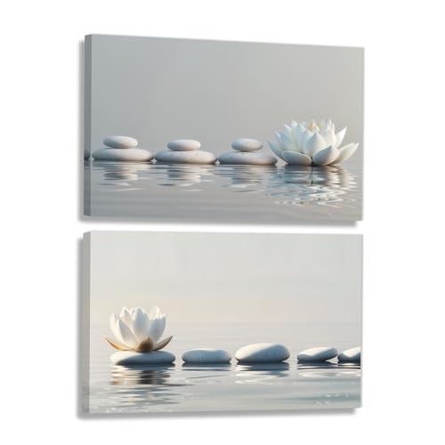 KPLUNDO Zen Canvas Wall Art 2 Panel Lotus Flowers And Stones Spa Wall Decor Relax Calm Poster for Yoga Meditation Room Decor Ready To Hang(Artwork-1,12"x16"x2pcs) - color: Artwork-1, size: 12"x16"x2pcs