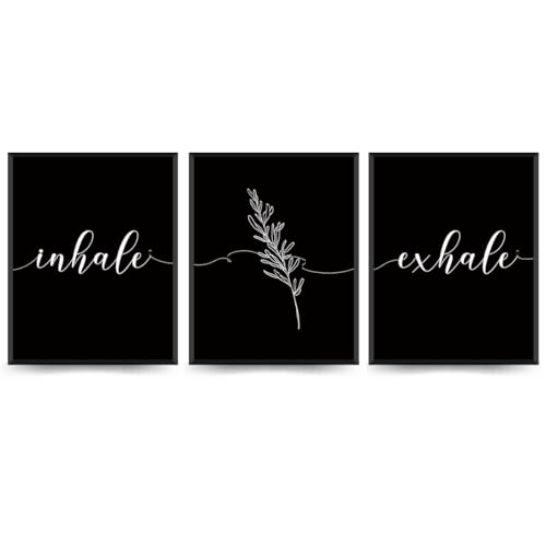 PLKMN Inhale Exhale Wall Art Decor,Plants Zen Wall Decor Prints,Yoga Wall Art Prints Minimalist Modern Botanical for Living Room Bedroom Farmhouse 10x8 Inch Set of 3 Unframed (Black) - color: Black