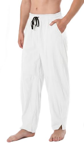 perdontoo Men's Linen Cotton Loose Fit Casual Lightweight Elastic Waist Summer Beach Pants