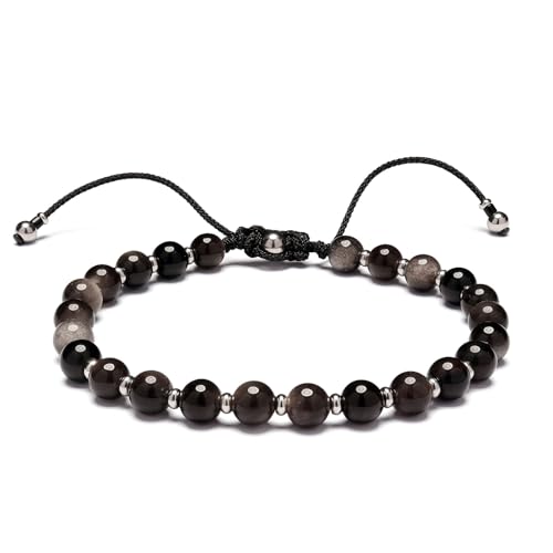 Men’s Beaded Bracelet Adjustable, Natural Texture Beads with Stainless Steel Spacers, Braided Cord, Minimal Everyday Bracelet for Men & Women - color: Metallic Gray 6mm