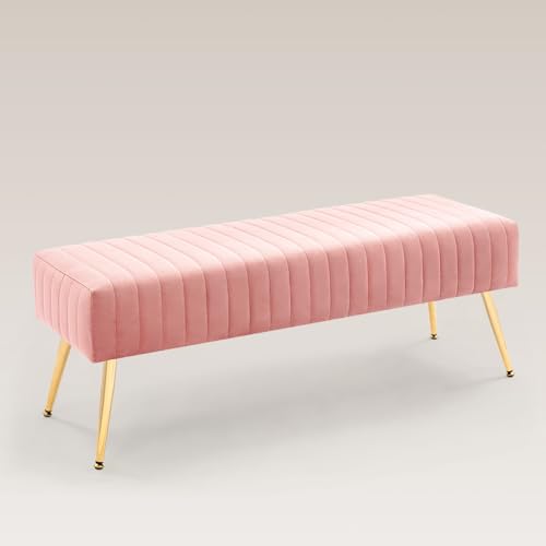 Furnimart 44 Inch Pink Velvet Ottoman Bench, Modern Upholstered Bedroom Benches Footrest Stool Indoor Bench for Entryway Living Room Bedroom Dining Room (Velvet-Pink) - color: Velvet-pink