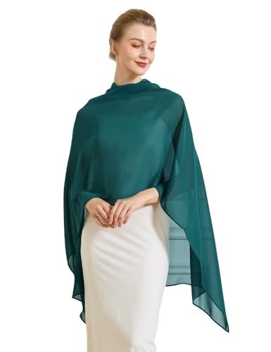 Chiffon Cape Shawl Wrap Scarf 3 Ways to Wear Elegant Sheer Capelet for Evening Dresses Weddings Parties - color: Teal Blue