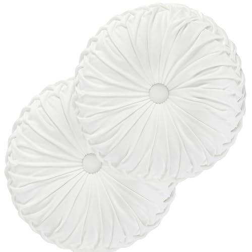 HIG Set of 2 Decorative Round Pleated Throw Pillows, Classy Accent Pumpkin Throw Pillows with Center Button, Vintage Velvet Floor Pillows for Sofa Vanity Chair Bed, White, 14.5" Diameter(Ripple) - color: White