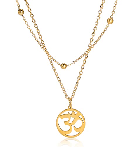 UNIFT Necklace For Women- Aum Om Ohm Sanskrit Symbol Round Pendant Beaded Double Layer Chain Charm Necklace,Hinduism Yoga Sanskrit Personalized Amulet Dainty Pendant Necklace Jewelry - color: gold