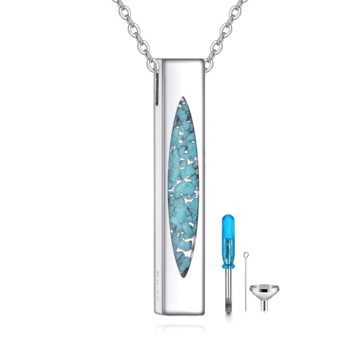 Cremation Urn Necklaces for Ashes Sterling Silver 3D Vertical Bar Memorial Pendant for Loved Ones Keepsake Cremation Jewelry Gifts for Women Men - style: Turquoise-B