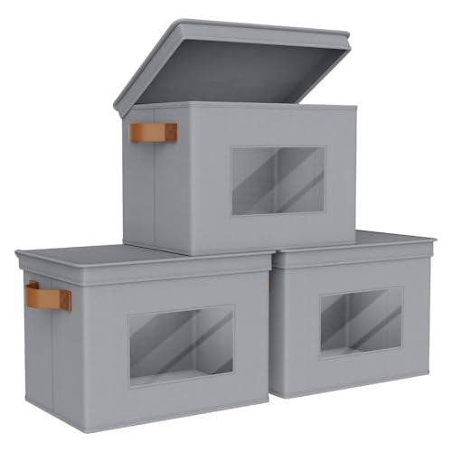 Univivi Storage Bins with Lids Collapsible Foldable Closet Storage Boxes for Clothes [3-Pack] Containers boxes with Handles Closet Storage for Home, Office, Bedroom (Grey,17" x 12"x 12")