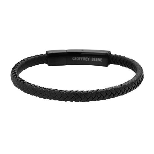 Geoffrey Beene Men's Braided Genuine Leather Fashion Bangle Bracelet with Stainless Steel Clasp - color: Black