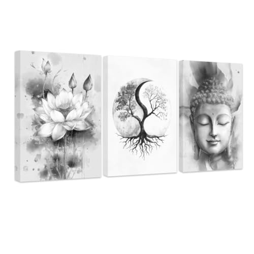 CCWACPP Black and White Bathroom Wall Art 3 Piece Set Zen Decor Buddha Lotus Pictures Yin Yang Tree Art Spa Canvas Prints for Spiritual Meditation Yoga Room Home Decor Framed (11"x14"x3) - color: Black White, size: 11"x14"x3