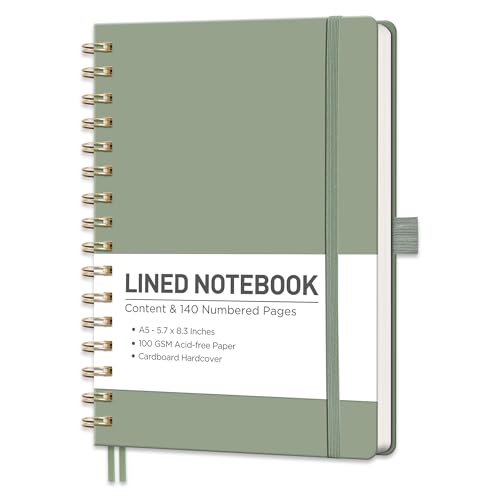 RETTACY Lined Journal Notebook, 140 Numbered Pages, A5 Medium Size (5.7'' x 8.3''), for Men & Women, Journaling, Writing, Work & Office, Spiral-bound, Hardcover, 100 GSM Thick Paper (Light Green)