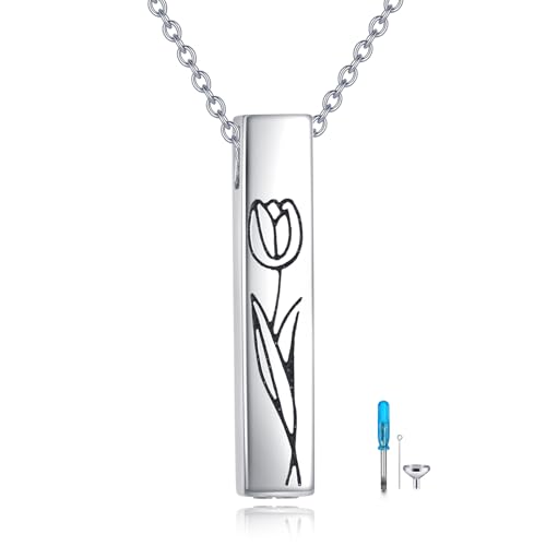 Cremation Urn Necklaces for Ashes Sterling Silver 3D Vertical Bar Memorial Pendant for Loved Ones Keepsake Cremation Jewelry Gifts for Women Men - style: Tulip