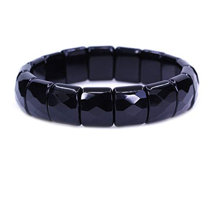 Keleny Gemstones Semi Precious 15mm Square Grain Faceted Beaded Stretch Bangle 7.5 Inch Unisex - color: Black Obsidian