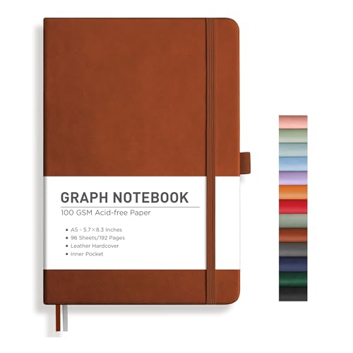 RETTACY Graph Grid Paper Notebook, 192 Pages, A5 Medium Size (5.7'' x 8.3''), 5 Squares per Inch, Leather Hardcover, 100 GSM Thick Paper, for School, Students, Math, Engineering (Brown) - color: Brown, style: Grid